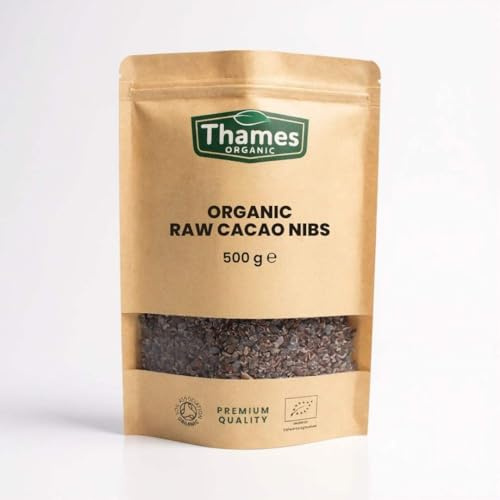 Organic Raw Cacao Nibs-Certified Organic, Non-GMO, Vegan, No Additives, No Preservatives, Resealable Bag by Thames Organic 500g