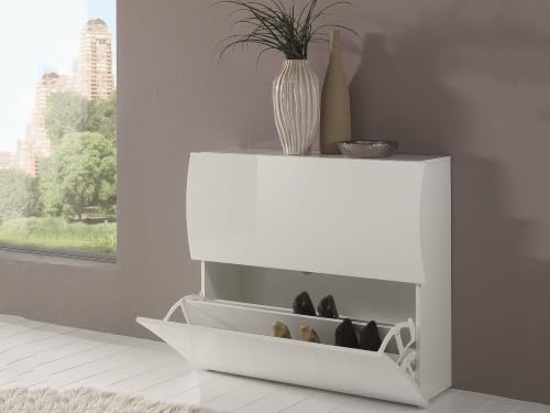 Dmora - Étagère à chaussures Andrea, Armoire polyvalente avec 2 portes pliantes, Étagère à chaussures d'entrée, 100% Made in Italy, 101x27h82 cm, Blanc brillant