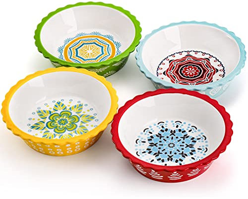 Coloch 4 Pack Ceramic Mini Pie Pan with Fluted Rim, 6 Inch Round Pie Plate Colorful Floral Pie Tins Tiny Serving Bowl for Dessert, Candies, Baking, Dishwasher and Microwave Oven Safe