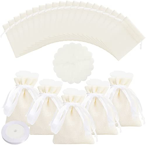 30 bolsas de yute para peladillas, bomboneras, para bodas, bomboneras de nacimiento, con velos de tul y organza cinta de raso, para comunión, bautizo, nacimiento, boda (8 x 10 cm), color beige