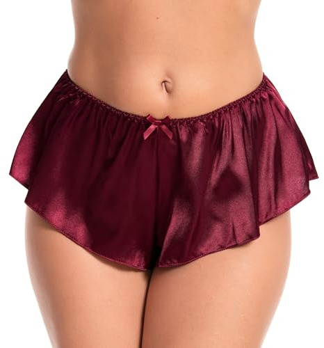 Satini Satén Culottes con Pliegues Falda Pantalones Cortos Panties satinados Ropa Interior (Rojo Vino, M)