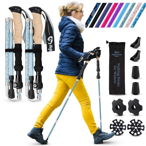 Stream Gear Gångstavar för kvinnor – 14,5 tum hopfällbara vandringsstavar för backpacking, träning och resor, set med 2 nordiska hopfällbara vandringsstavar i aluminium (115–135 cm, grå äng)