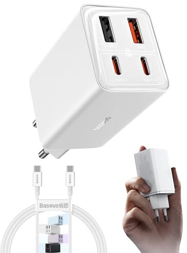 Baseus USB C Netzteil, 65W High-Speed USB C Ladegerät, PD 3.0 und PPS Schnellladeleistung, GaN Charger Kompatibel mit MacBook Pro/Air, Surface, Laptop, iPhone 15-12 Serie, Pixel, Galaxy, iPad (Weiß)