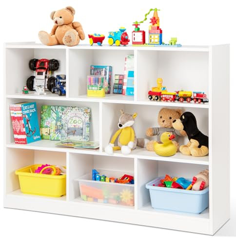 HOMASIS Scaffale per Bambini a 3 Livelli, Libreria per Bambini a 8 Scomparti, Organizzatore Portagiochi in Legno, Mobile Cameretta Multiuso per Libri, Giochi, 122 x 32 x 93 cm (Bianco)
