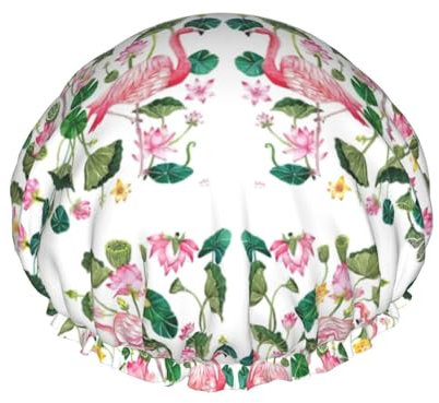 WURTON Duschhaube mit Flamingo-Vogelmotiv, rund, Blätter, weich, leicht, Duschhaube, Badehut für langes Haar, atmungsaktiv