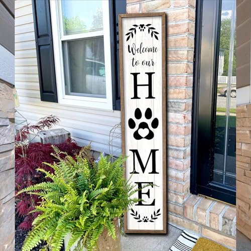 Welcome To Our Home Sign For Front Porch Standing 45X9 Large Rustic Farmhouse Outdoor Tall Wood Framed Vertical Paw Print Welcome Signs Modern Outside Front Door Wall Decor (Wood White)