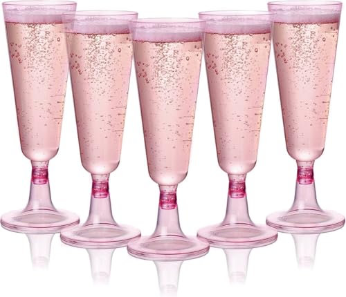 Matana - 24 Eleganti Flûte in Plastica Rosa, 150ml - Flûte per Champagne, Calici in Plastica Rosa, Bicchieri per Spumante per Feste, Matrimoni, Addio al Nubilato - Resistenti e Riutilizzabili