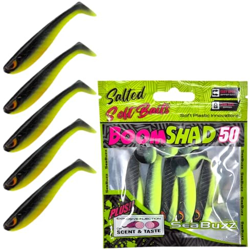 SEABUZZ Gummifische Angelköder Set 5 STK x 50mm - Gummiköder für Hecht | Wels Zander - Forelle & Barsch Kunstköder - Raubfisch Angelnset - Süß- Salzwasser Angelausrüstung