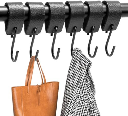 S Haken Schwarz mit Lederschlaufe, 6 Stück Schwarz Haken Metallhaken für Kleiderstange, S Kleiderhaken aus Leder, Mehrzweckhaken ohne Bohren Garderobenhaken für Garderobe Küche Badezimmer Camping