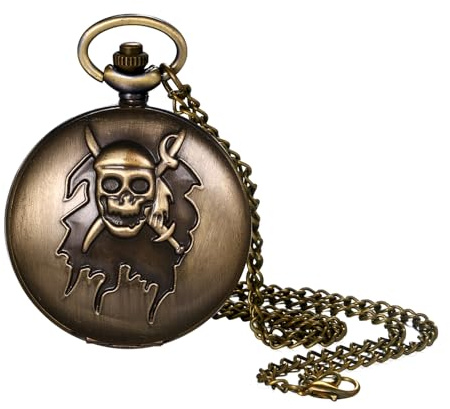 JewelryWe Reloj de Bolsillo de Calavera Hombre: Cuarzo Analógico Unisex Vintage Escala de Números Arábigos con Cadena - para Uso Diario Colecciones Regalo