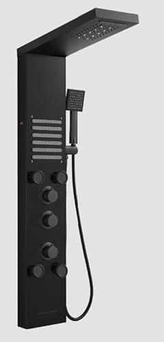 ROVOGO Komplett Schwarz LED Duschpaneel mit Thermostat, 5 Funktionen Duschsäule Regenfall Wasserfall Duschkopf, 2 Strahlarten Massagedüsen, Handbrause, Wanneneinlauf, Edelstahl Duschpaneel mit Armatur