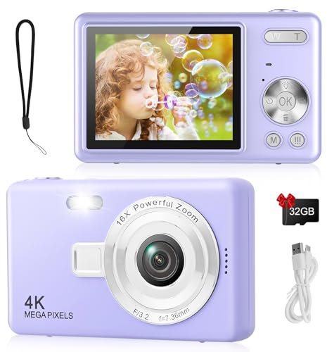 Digital Camera - 1080P FHD 44MP with 2.4 LCD Screen Compact Portable Vlogging Photo Camera with 32gb SD Card 16X Digital Zoom for Kids Teen Students Beginner (Upgrade Purple)