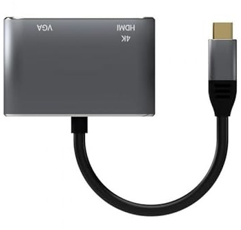 VoltShine Conversor USB-C a VGA/HDMI 4K, Gris, 15 cm, para conectar Dispositivos USB-C a Pantallas VGA y HDMI.