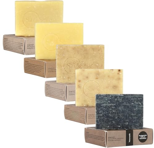 SackSeife SuperiorSet | 5-teiliges Naturseifenset | 3 Duschseifen und 2 feste Shampoos | Made in Germany