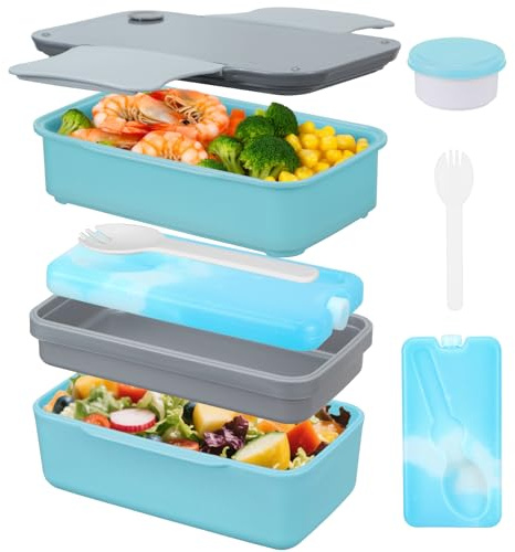 Globright Bento Lunch Box for Kids,6 Stackable Containers for Adults, Leak-Proof Built-in Utensil Set Reusable Ice Pack (Blue)