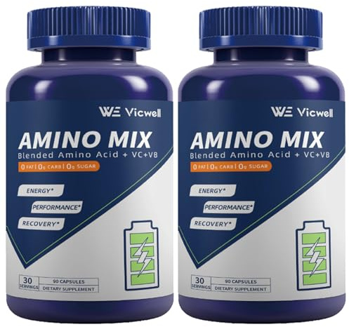 Vicwell Amino Acid, Supports Muscle Recovery and Lean Muscle Growth, Enhances Energy and Endurance, Contains Essential Amino Acids and BCAAs, 180 Capsules (2 Bottles)