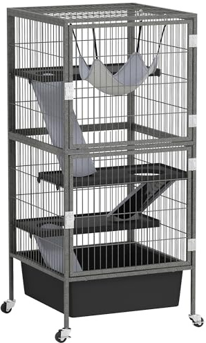 PawHut Gabbia per Piccoli Animali con Piattaforme, Rampe e Amaca, Vassoio Rimovibile, Ruote con Freno, Casetta per Conigli e Furetti a 4 Livelli, 52x52x115 cm, Grigio