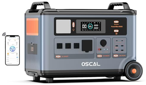OSCAL PowerMax 6000 Station électrique portable 3600 Wh, extensible jusqu'à 57,6 kWh, prises CA 120 V/240 V, 6000 W (crête 7200 W), générateur solaire pour usage domestique