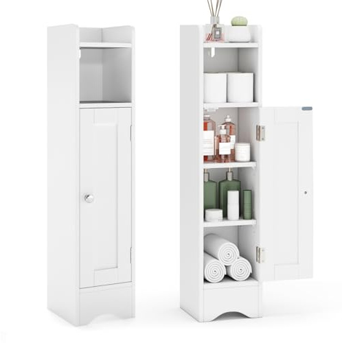 LIFEZEAL Badezimmerschrank Klein, Freistehender Badezimmer-Aufbewahrungsschrank mit Tür, Schmaler Toilettenschrank Badschrank mit verstellbaren Regalen, Bodenschrank für kleine Räume (Weiß) | Aufbewahrungsschrank mit Tür und verstellbaren Einlegeböden für kleine Räume