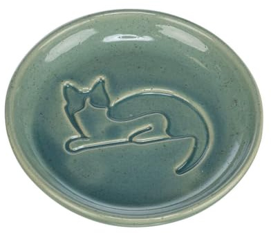TRIXIE Katzennapf aus glasierter Keramik, Wassergrün mit Relief-Katzenmotiv, Ø 14,5 cm, 0,15 l