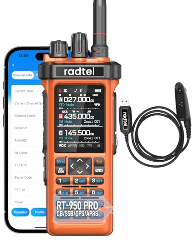 Radtel RT-950 PRO Ham Radio GPS/APRS, 10W Walkie Talkie Long Range Handheld Two Way Radio, SW/MW/LW RX, Bluetooth APP Programming, NOAA, Spectrum Analyzer,Orange(with Programming Cable)