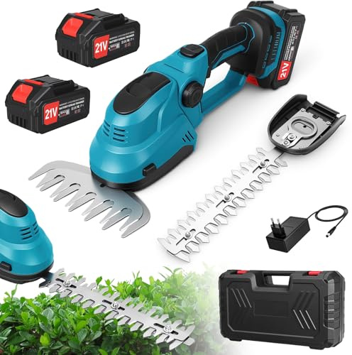 2 en 1 Taille-Haies Électrique sans Fil 21V,Cisaille de Jardin/Taille-Haie,avec 2 Lames(Longueur Lame:36cm-Arbustes/Largeur:18cm-Herbe) pour Coupe,Elagage Jardin,Pelouse,Arbustes (2 Batteries)