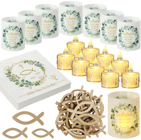 VIRETH HAUS 12 portavelas de confirmación para mesa + 12 velas LED + 24 servilletas de confirmación + 45 peces de madera, decoración de fiesta, eucalipto, verde, chica, decoración de mesa para