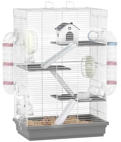 PawHut Gabbia per Criceti 4 Livelli con 16 Tubi, 2 Ruote Silenziose, Casetta, Rampa, Ciotole, Serbatoio per l'Acqua, Vassoio Antigoccia, Gabbietta per Criceti in Metallo e Plastica, 47x30x70cm, Grigio