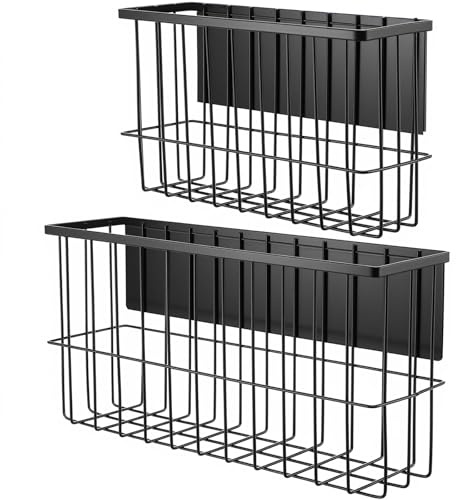 2 Pack Magnetic Laundry Basket - Dryer Ball Holder & Lint Bin Organizer for Refrigerator, Kitchen & Laundry Room Storage (L + XL, Black)