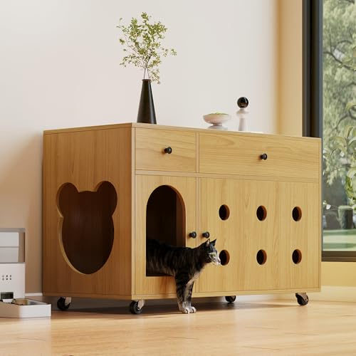 Generisch Armario para gatos con bandeja para arena y cajones, 100 × 45 × 66 cm, con aislamiento de olores (madera natural/amarillo, sin caja de arena)