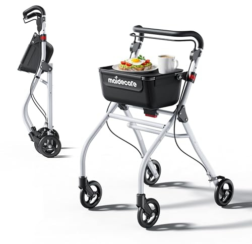 Andador para Ancianos, Andador Plegable con Asiento para Personas Mayores, Estrecho para Apartamento, Modelo de Interior Plegable y Ligero con Bandeja y Bolsa de Tela, 4 ruedas, Aluminio, Blanco