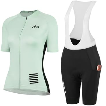 INBIKE Conjunto de maillot de ciclismo bici ciclista manga corta mujer Culotte acolchado + maillot de ciclismo con 3 bolsillos Ropa Pantalone de bici Verano Transpirable Secado rápido Verde 2XL
