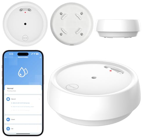 WIOONI Détecteur de Fuite d'eau WiFi avec Batterie, d'eau IP66, Alarme 80 DB, Compatible avec l'application Tuya/Smart Life pour Cuisine, Salle de Bain, Cave, 1 Pièce