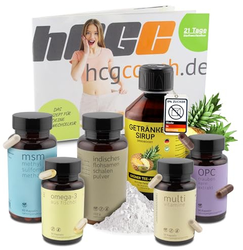 hCGC HCG Stoffwechselkur 21 Tage Basispaket – HCG Diät Set mit Omega 3, OPC, MSM, Vitaminen & Flohsamen Pulver – Stoffwechsel Beschleunigen Abnehmen – mit zuckerfreiem Grünertee-Ananas-Sirup