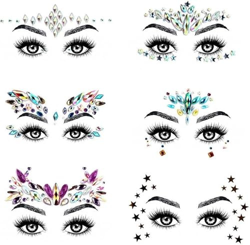 URAQT Fortschrittlich Glitzersteine Gesicht, Glitzer Gesicht Edelsteine,6 | Strasssteine Gesicht Aufkleber Temporäre Tattoo Glitzersteine Selbstklebend Juwelen Kristall für Karneval Party