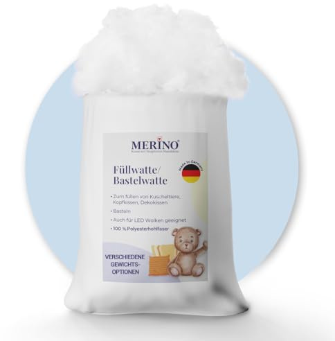 Merino Füllwatte 100 Gramm Beutel | Füllmaterial aus 100% Polyesterhohlfasern | Bastelwatte formbeständig und extra flauschig | Kissenfüllung