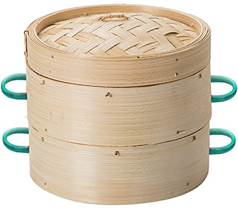Bamboo Steamer, 2 Tiers Chinese Food Steamers, With anti-scalding handle Traditional Design Healthy Cooking for Dumplings, Vegetables, Chicken, Fish - Handmade Steam Basket 2-Tiers with Lid,20CM