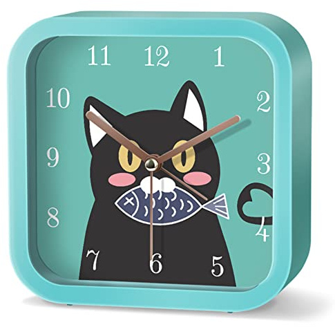 EXQULEG Kind Wecker,Kein Ticking Wecker Cartoon Niedlich Kinderwecker Rund Digital Alarm Clock für Mädchen Jungen Schulanfänger Schreibtisch Schlafzimmer Tischuhr (Blaue Katze,Quadrat)