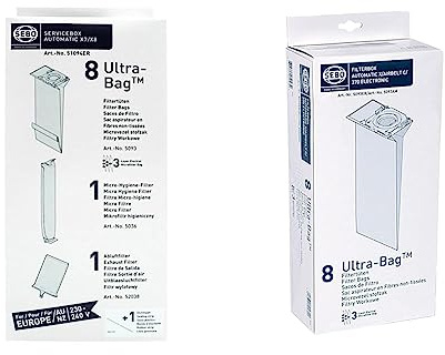 SEBO 51094ER Service Box for X7 & X8 & 5093ER Electrostatic Fleece Bags for Upright Vacuum Cleaner, Pack of 8