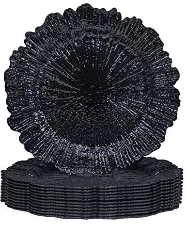 MAONAME Black Reef Textured Plastic Charger Plates Set of 12, Dinner Plates Chargers for Table Setting, Thanksgiving, Christmas