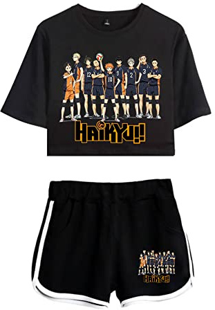 LKY STAR Damen Anime Sets Haikyuu Merch T-Shirt und Shorts 2 Stück Karasuno Crop Top & Shorts Cosplay Modisch Sport-Sets Hinata Shoyo