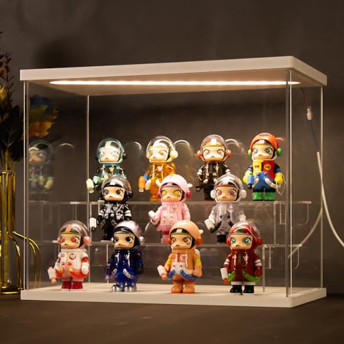 Nynelly Vitrine pour Collection avec Lumière, 3 Étagère Vitrine en Acrylique Transparent avec Porte, Boîte de Présentation à Assembler, Anti-Poussière Boite PlexiglasPour Funko Pop, Blanc