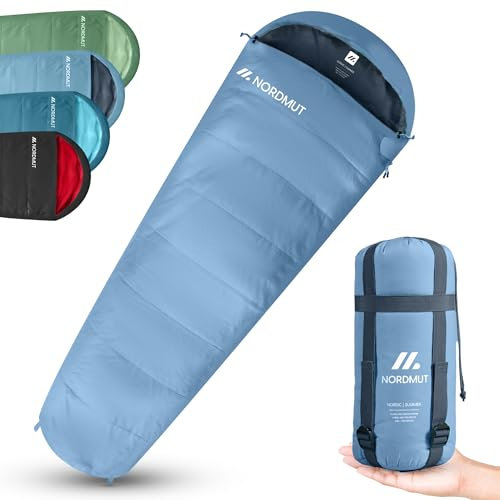 NORDMUT® Schlafsack Erwachsene – kleines Packmaß & ultraleicht (900/1500g) – 3-Jahreszeiten (250 GSM) & Sommerschlafsack (100 GSM) – Mumienschlafsack für Camping, Outdoor & Festivals