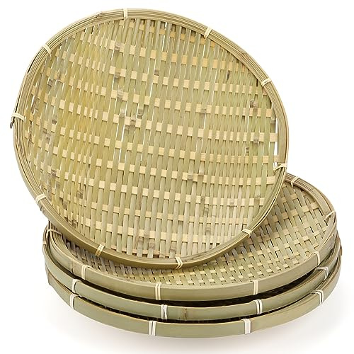 ZENFUN 4 Packs Bamboo Basket Tray, 30CM Round Hand Weave Bread Baskets for Serving, Woven Fruit Basket, Rattan Wicker Serving Basket for Garden, Daily Dinning, Kitchen Organization, Stackable