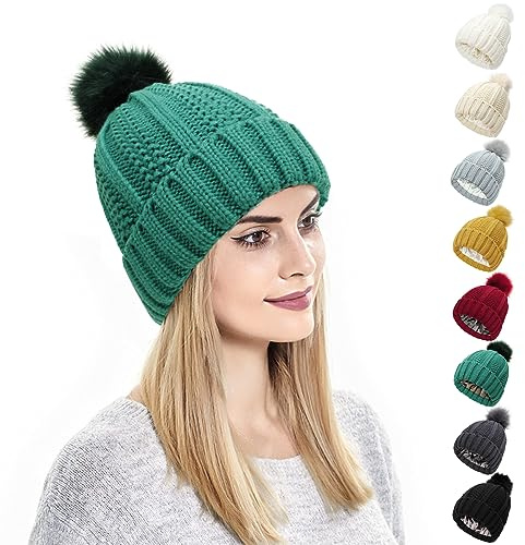 Kunyeah Berretto invernale da donna lavorato a maglia con pompon foderato in seta satinata, caldo cappello a tinta unita per donne e ragazze