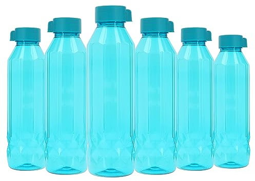 Plastic Water Bottles 6 Pack 900ml Juice Bottles Reusable Smoothie Drink Bottles W/Lids Fridge Door Storage Beverage Table Water Serving Bottles Screw Cap Outdoor Sports Gym Transparent (Blue-Diamond)