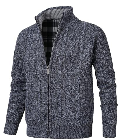 Herothorn Men's Full Zipper Cardigan Stand-up Collar Fleece Jacket Cable Knit Sweater Long Sleeve Cardigan with Pockets Dark Grey