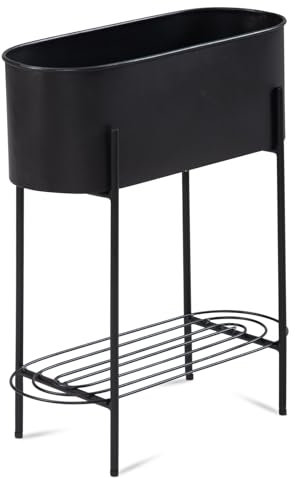 Wohnling Pflanzgefäß Metall 51x65x22 cm Pflanzkübel Schwarz mit Gestell und Ablage, Design Pflanzenkübel Blumenkasten Indoor, Blumenkübel Blumentopf Rechteckig