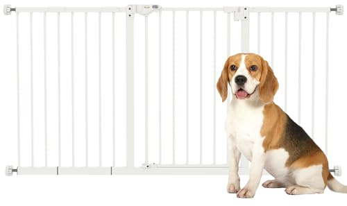 PawHut Barrera de Seguridad para Puertas y Escaleras Barrera para Perros con Cierre Automático y Sistema de Doble Bloqueo Metal 3 Extensiones 17,5/20,3/30,5 cm, 74-147,5x76,2 cm Blanco