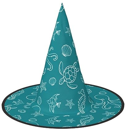 FJAUOQ Concha de mar con playa costa playera, sombreros de Halloween, sombrero de bruja flotante, decoración de disfraz de bruja para fiesta